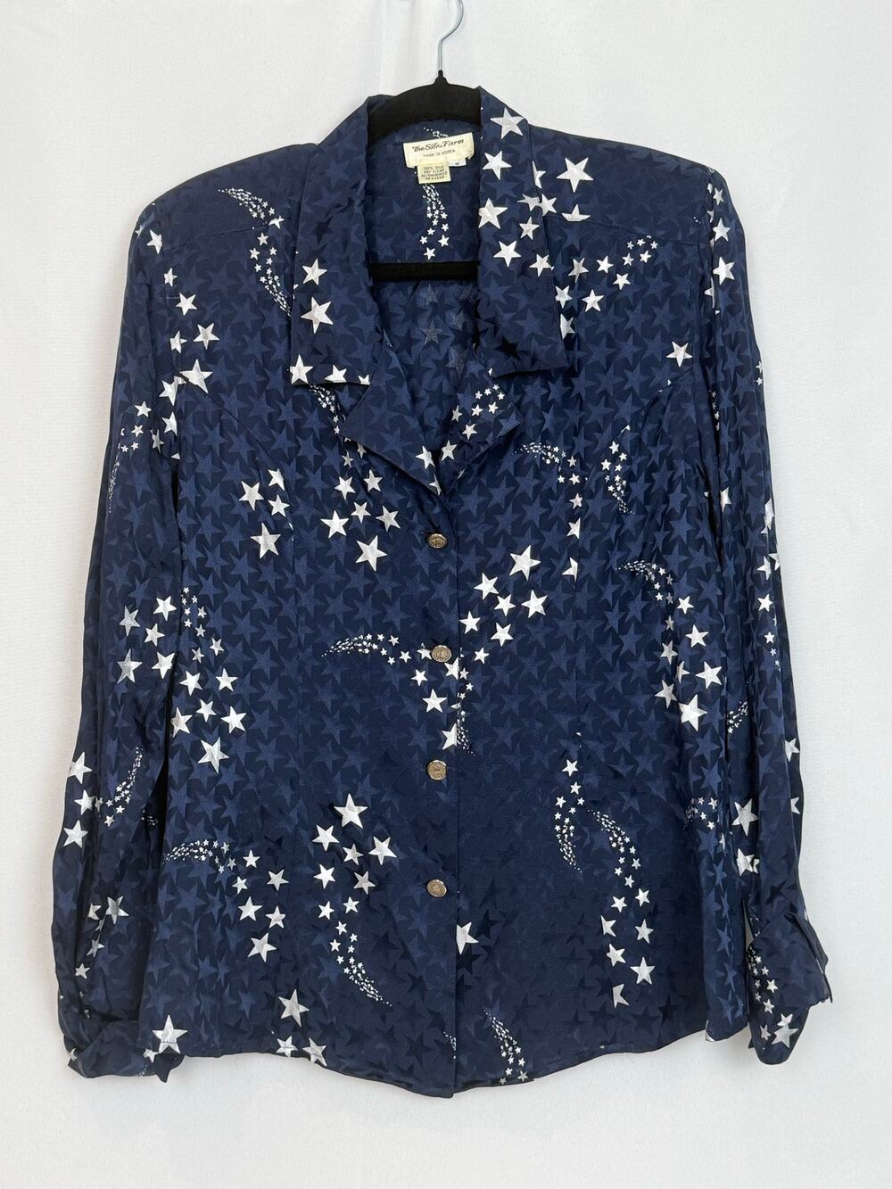 Vintage Silk Farm Navy Star Print Silk Blouse